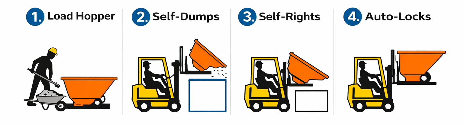how does a self dumping forklift hopper operate?
